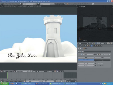 Escena de Diseño de una Torre usando Extrusion y subdivision para el terreno